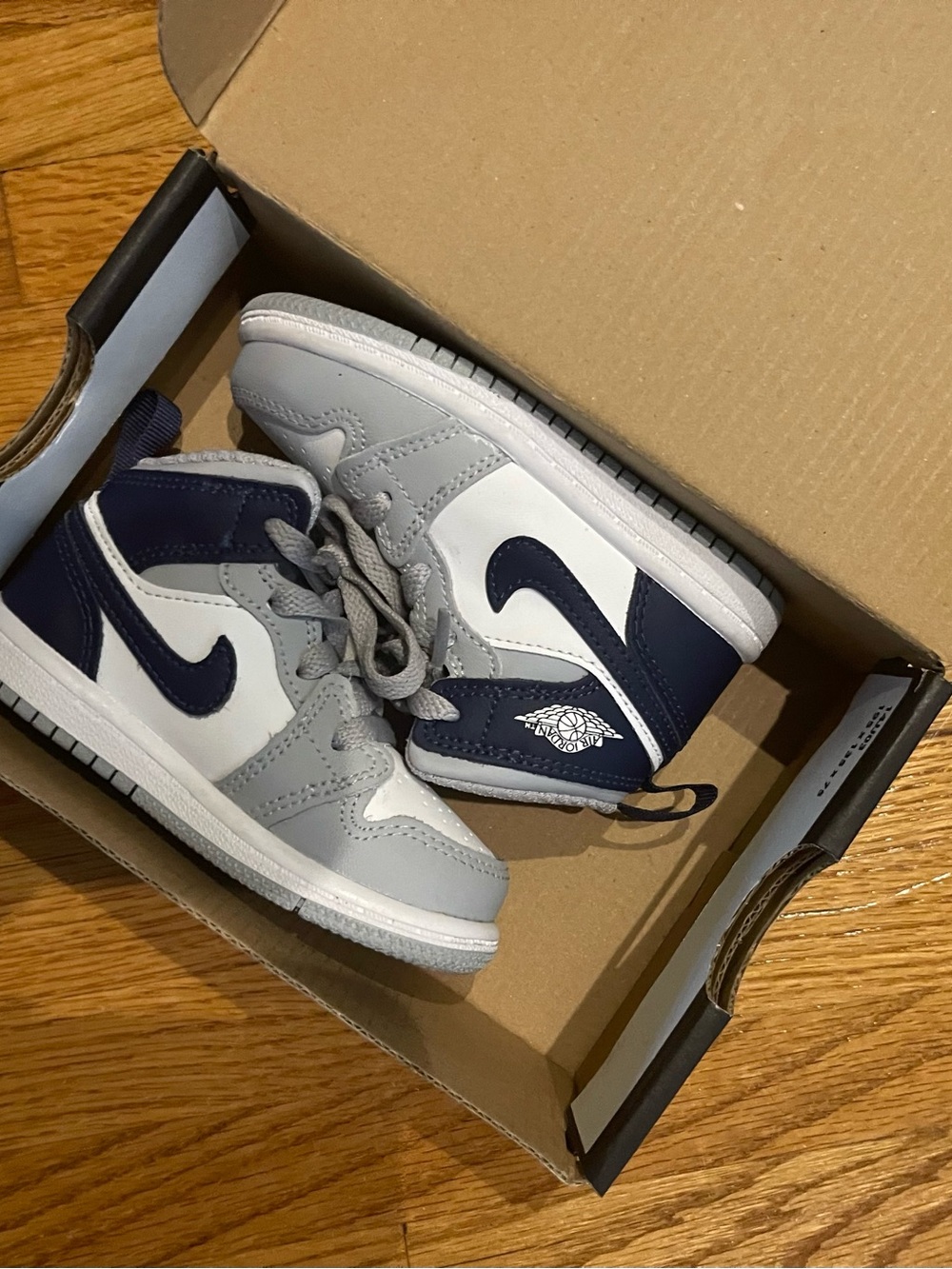 Nike Kids High-Top Sneakers in Navy, Gray, and White
